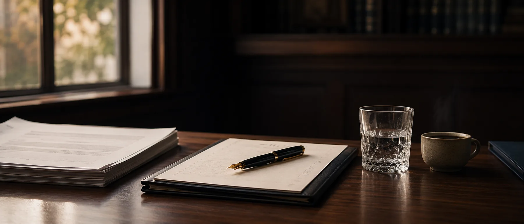 A considered desk scene — paperwork and a fountain pen in soft afternoon light